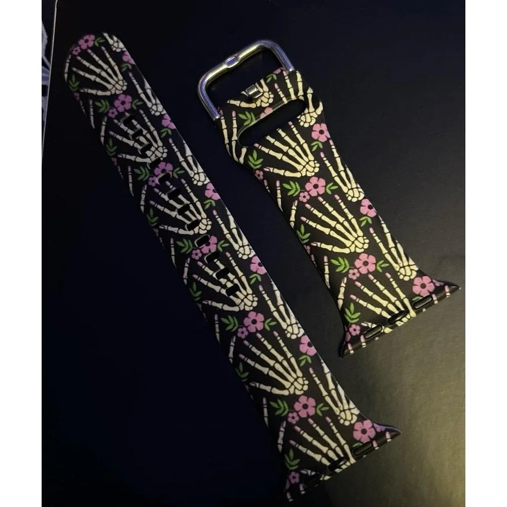 NEW Black Silicone Skull Hand Floral Buckle Band, Apple Watch 42mm/44mm/45mm